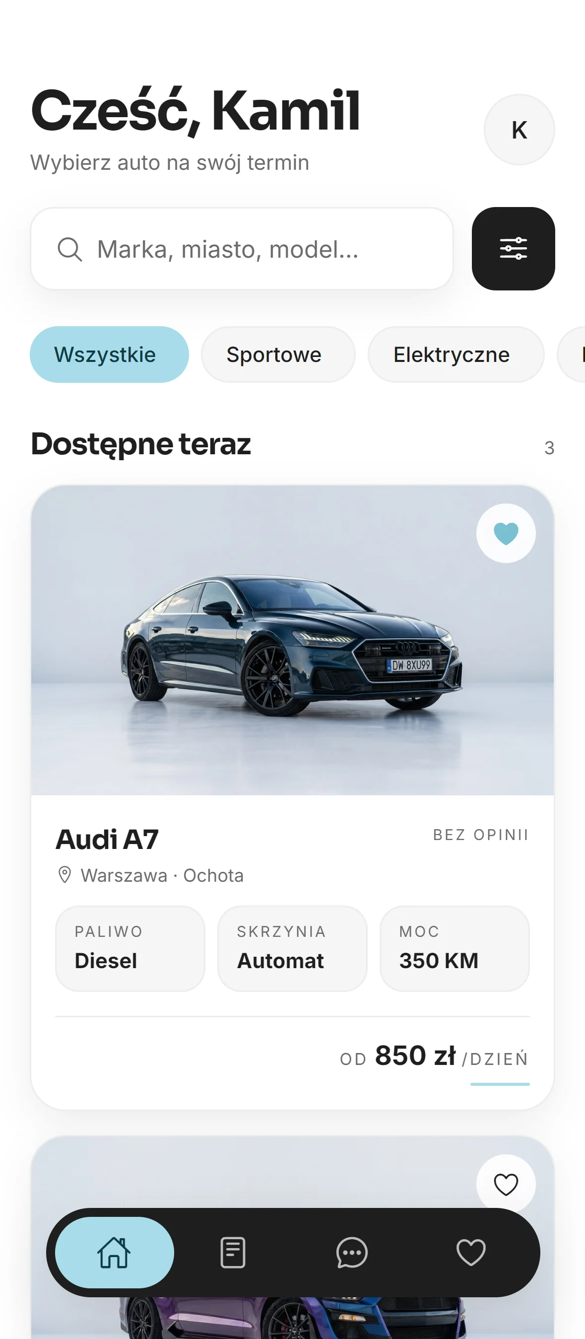 Aplikacja Getoro: ekran wyszukiwania aut